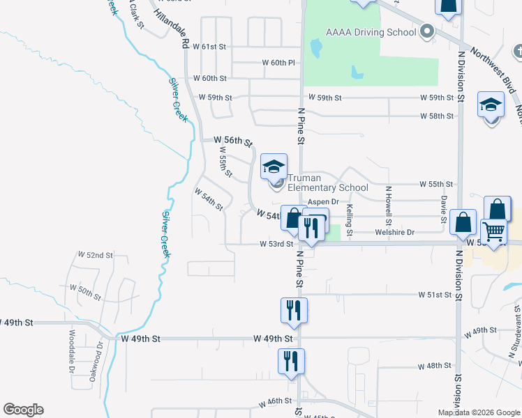 map of restaurants, bars, coffee shops, grocery stores, and more near 2348 West 54th Street in Davenport