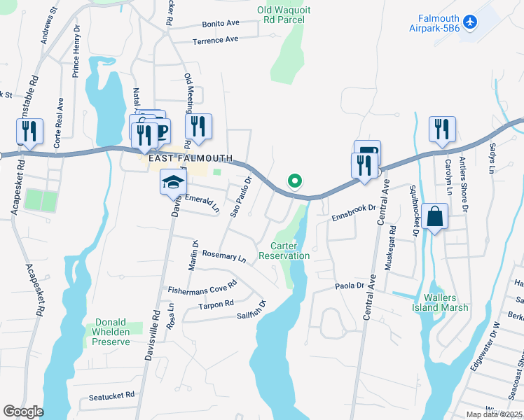map of restaurants, bars, coffee shops, grocery stores, and more near 3 Sheila Way in Falmouth