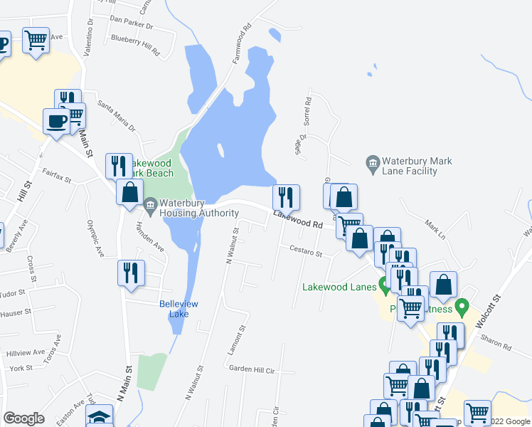 map of restaurants, bars, coffee shops, grocery stores, and more near 336 Lakewood Road in Waterbury