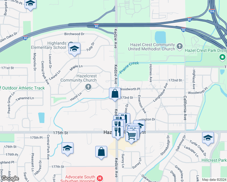 map of restaurants, bars, coffee shops, grocery stores, and more near 3203 Woodworth Place in Hazel Crest