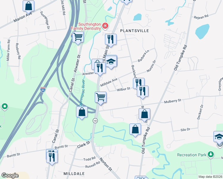 map of restaurants, bars, coffee shops, grocery stores, and more near 32 Barr Street in Southington