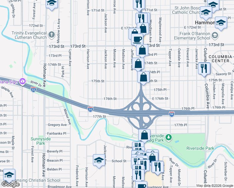 map of restaurants, bars, coffee shops, grocery stores, and more near 7604 Monroe Avenue in Hammond