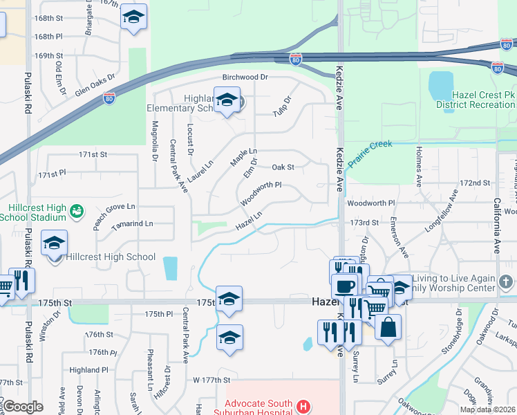 map of restaurants, bars, coffee shops, grocery stores, and more near 3320 173rd Street in Hazel Crest