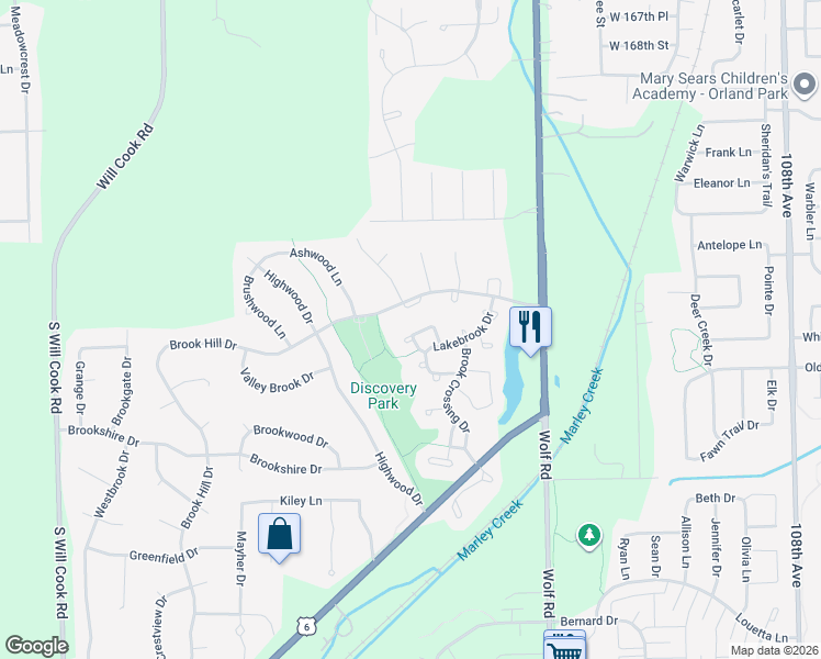 map of restaurants, bars, coffee shops, grocery stores, and more near 16257 Lakebrook Drive in Orland Park