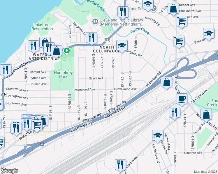 map of restaurants, bars, coffee shops, grocery stores, and more near 17216 Grovewood Avenue in Cleveland