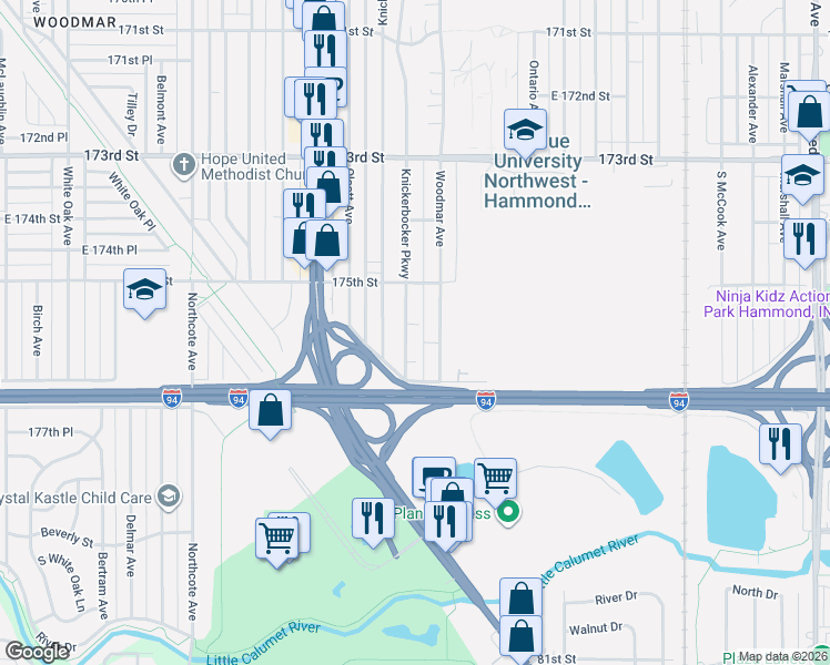 map of restaurants, bars, coffee shops, grocery stores, and more near 7607 Knickerbocker Parkway in Hammond