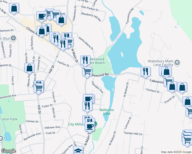 map of restaurants, bars, coffee shops, grocery stores, and more near 103 Hamden Avenue in Waterbury