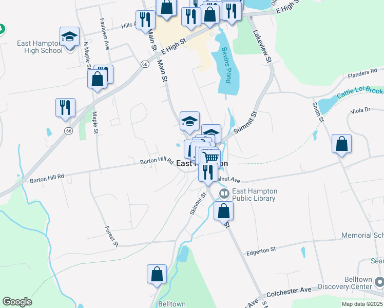 map of restaurants, bars, coffee shops, grocery stores, and more near 14 Barton Hill Road in East Hampton