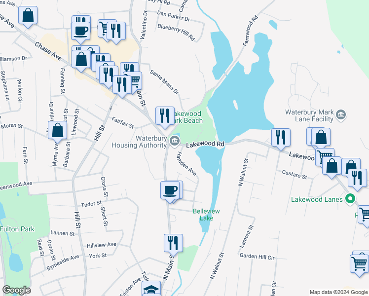 map of restaurants, bars, coffee shops, grocery stores, and more near 72 Hamden Avenue in Waterbury