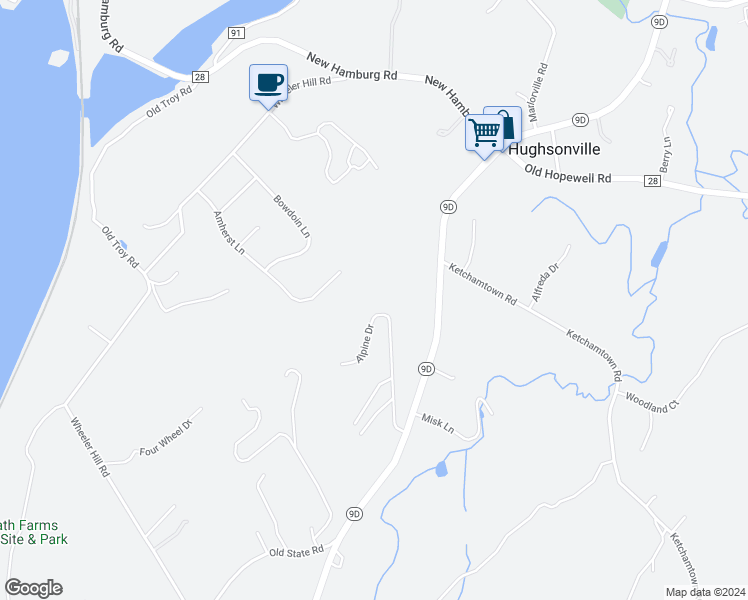 map of restaurants, bars, coffee shops, grocery stores, and more near 7 Alpine Drive in Wappingers Falls