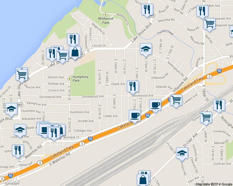 map of restaurants, bars, coffee shops, grocery stores, and more near 16818 Grovewood Avenue in Cleveland