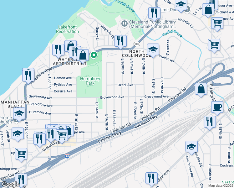 map of restaurants, bars, coffee shops, grocery stores, and more near 16818 Grovewood Avenue in Cleveland