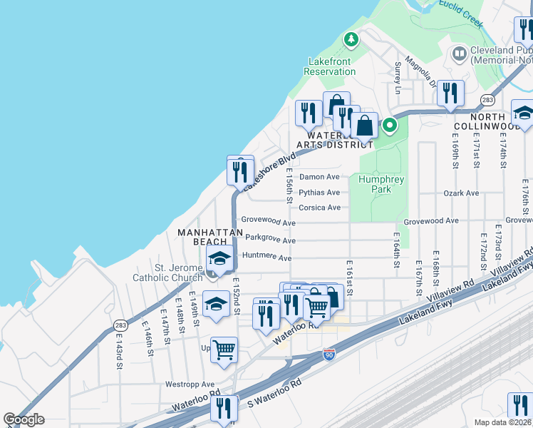 map of restaurants, bars, coffee shops, grocery stores, and more near 15416 Grovewood Avenue in Cleveland