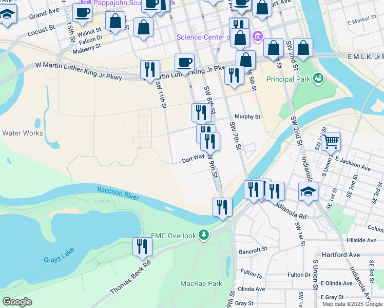 map of restaurants, bars, coffee shops, grocery stores, and more near 520 Southwest 9th Street in Des Moines