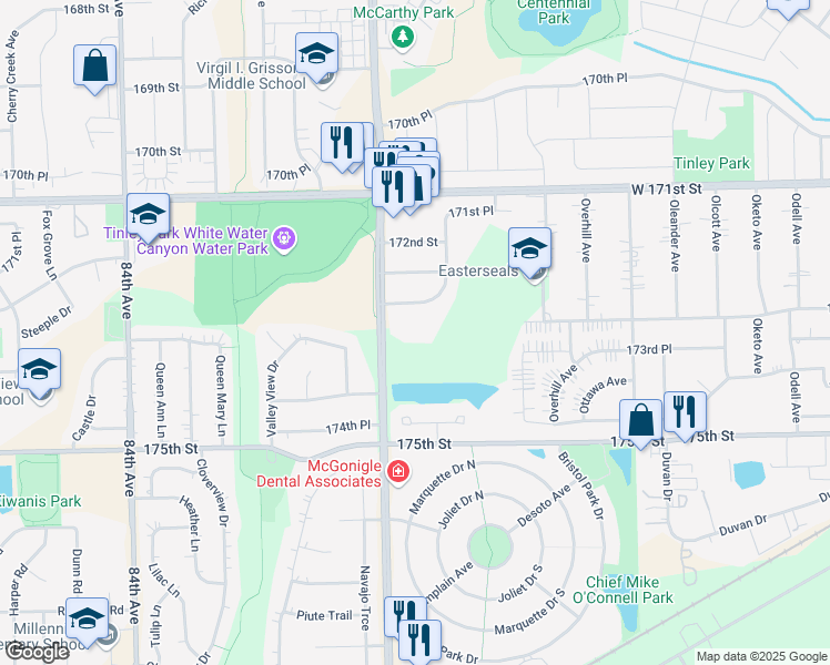 map of restaurants, bars, coffee shops, grocery stores, and more near 17301 80th Avenue in Tinley Park