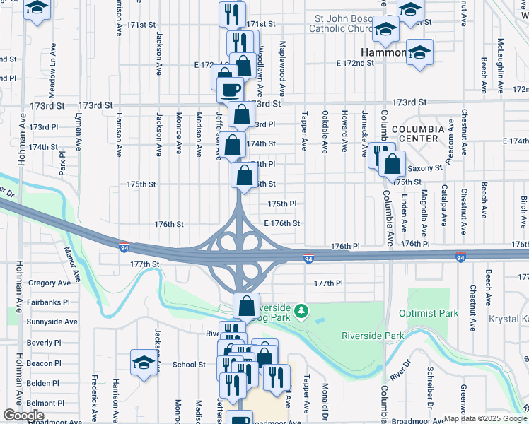 map of restaurants, bars, coffee shops, grocery stores, and more near 900-904 176th Street in Hammond