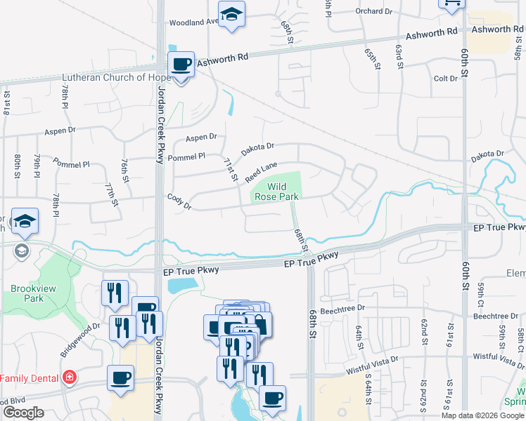 map of restaurants, bars, coffee shops, grocery stores, and more near 6980 Cody Drive in West Des Moines