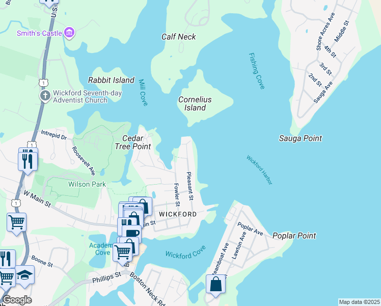 map of restaurants, bars, coffee shops, grocery stores, and more near 114 Pleasant Street in North Kingstown