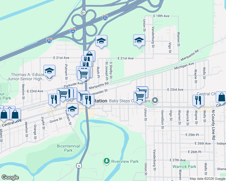 map of restaurants, bars, coffee shops, grocery stores, and more near 2337 Spencer Street in Gary