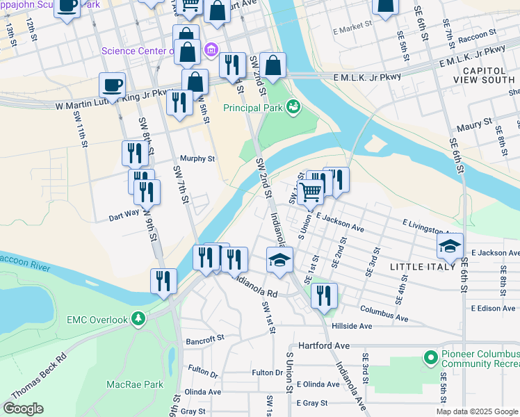 map of restaurants, bars, coffee shops, grocery stores, and more near 1600 Indianola Avenue in Des Moines