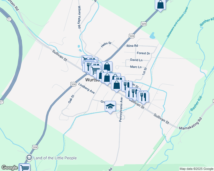 map of restaurants, bars, coffee shops, grocery stores, and more near 124 Sullivan Street in Wurtsboro