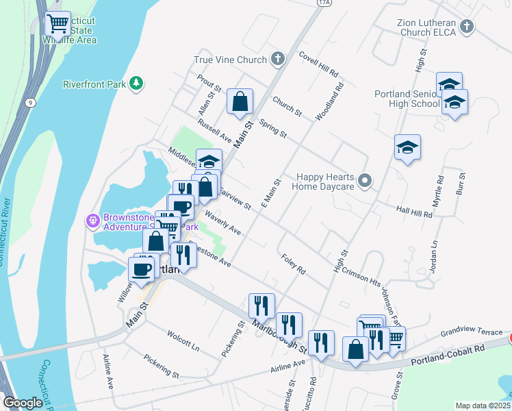 map of restaurants, bars, coffee shops, grocery stores, and more near 33 East Main Street in Portland