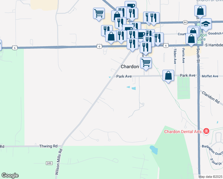 map of restaurants, bars, coffee shops, grocery stores, and more near 318 Wilson Mills Road in Chardon