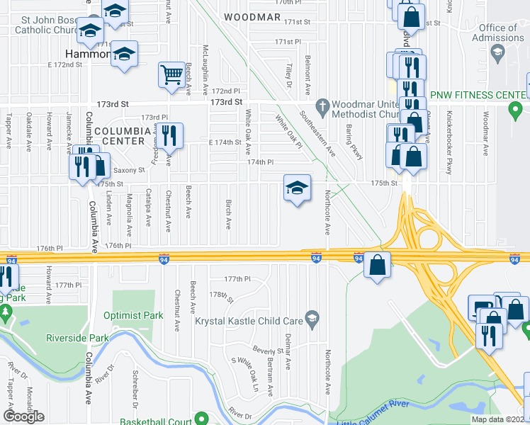map of restaurants, bars, coffee shops, grocery stores, and more near 7540 Bertram Avenue in Hammond