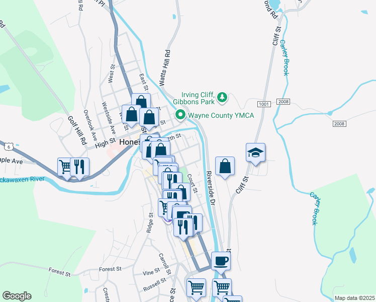map of restaurants, bars, coffee shops, grocery stores, and more near 1000-1022 Court Street in Honesdale