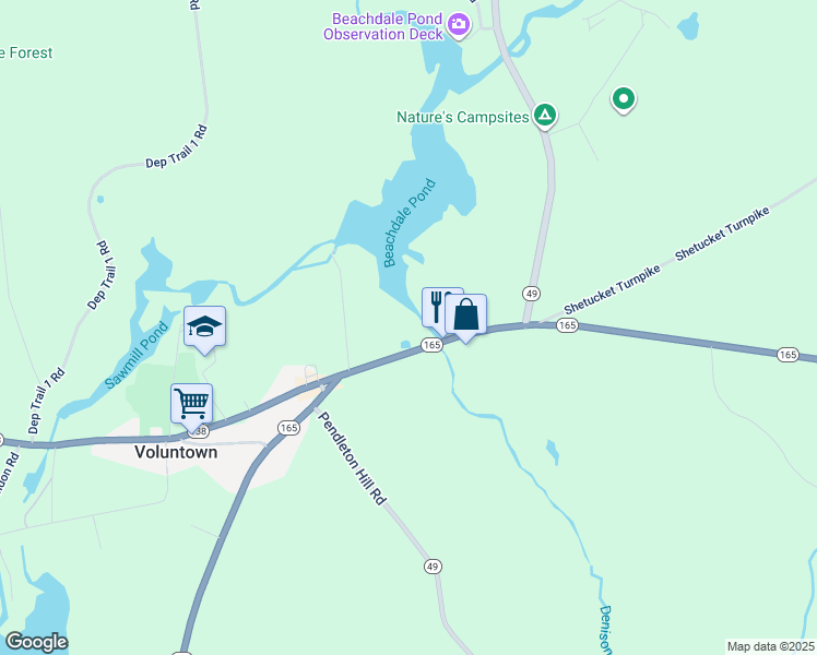 map of restaurants, bars, coffee shops, grocery stores, and more near 65A Beach Pond Road in Voluntown