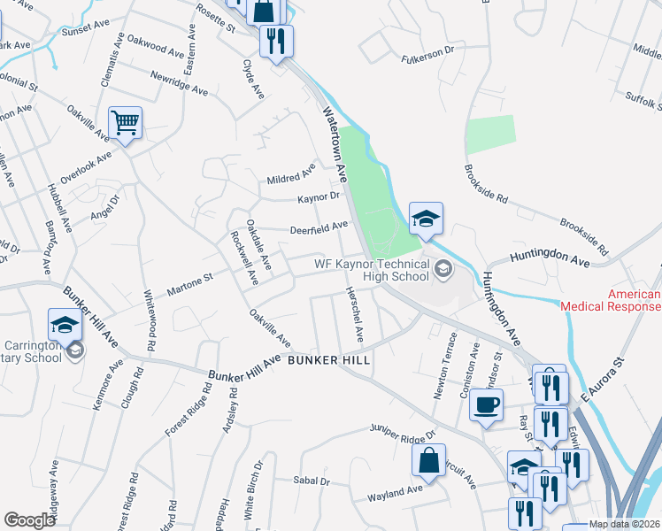 map of restaurants, bars, coffee shops, grocery stores, and more near 63 Gertrude Avenue in Waterbury