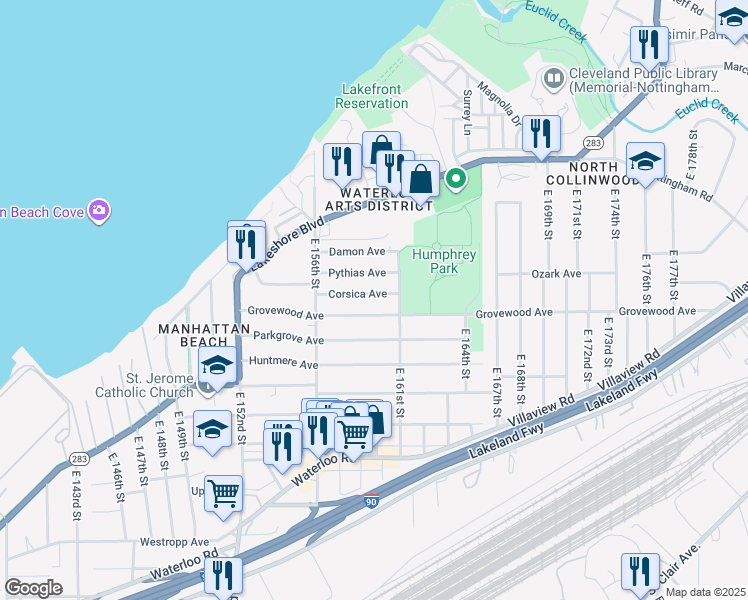 map of restaurants, bars, coffee shops, grocery stores, and more near 15816 Grovewood Avenue in Cleveland