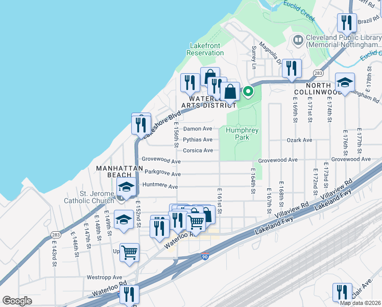 map of restaurants, bars, coffee shops, grocery stores, and more near 277 East 156th Street in Cleveland