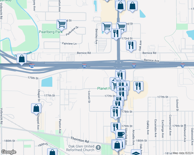 map of restaurants, bars, coffee shops, grocery stores, and more near 2306 Holiday Terrace in Lansing