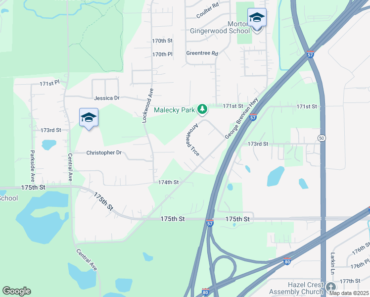 map of restaurants, bars, coffee shops, grocery stores, and more near 5217 Nicholas Court in Oak Forest