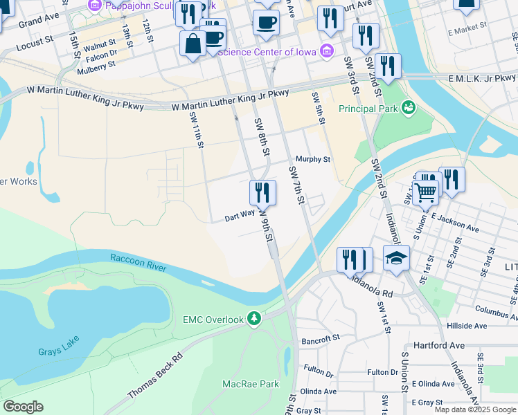 map of restaurants, bars, coffee shops, grocery stores, and more near 640 Southwest 9th Street in Des Moines