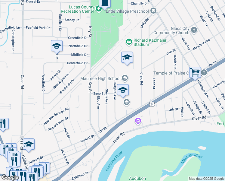 map of restaurants, bars, coffee shops, grocery stores, and more near 1168 Shelly Avenue in Maumee