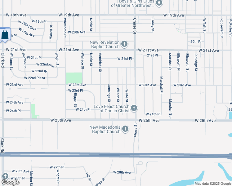 map of restaurants, bars, coffee shops, grocery stores, and more near 2340 Wilson Street in Gary