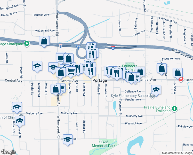 map of restaurants, bars, coffee shops, grocery stores, and more near 2610 Portage Mall in Portage