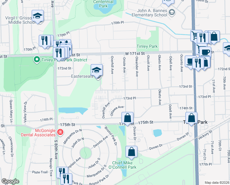 map of restaurants, bars, coffee shops, grocery stores, and more near 7619 173rd Place in Tinley Park