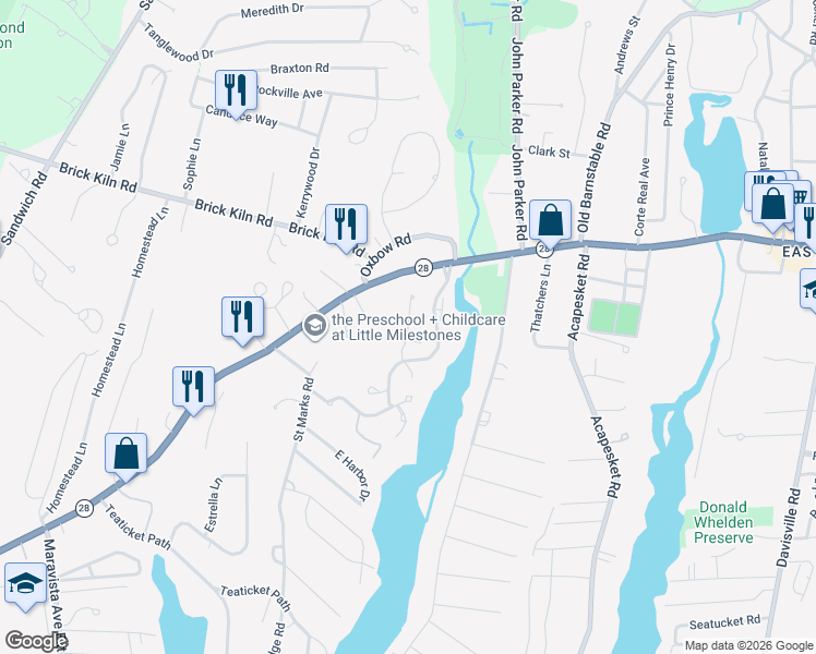 map of restaurants, bars, coffee shops, grocery stores, and more near 98 Forest Glade in Falmouth