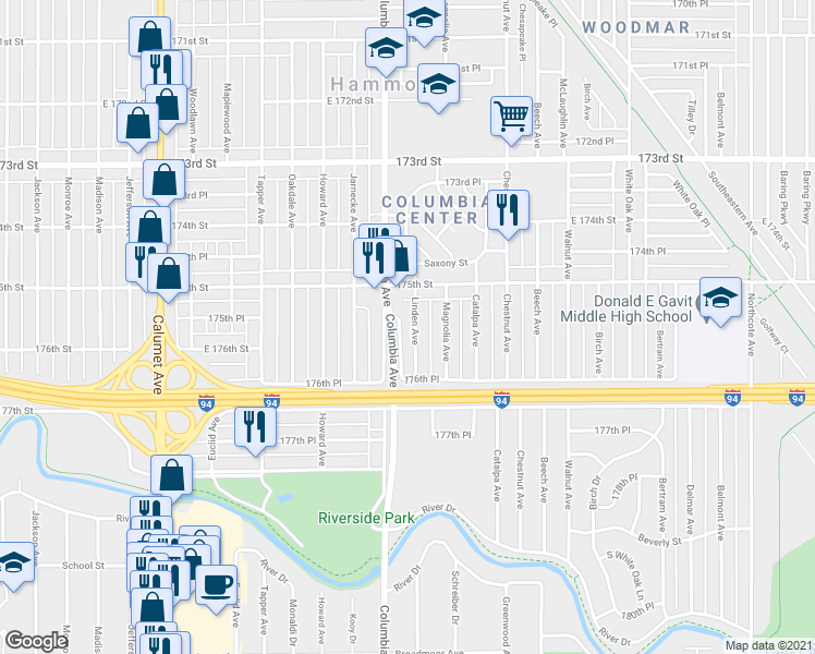 map of restaurants, bars, coffee shops, grocery stores, and more near 7536 Linden Avenue in Hammond