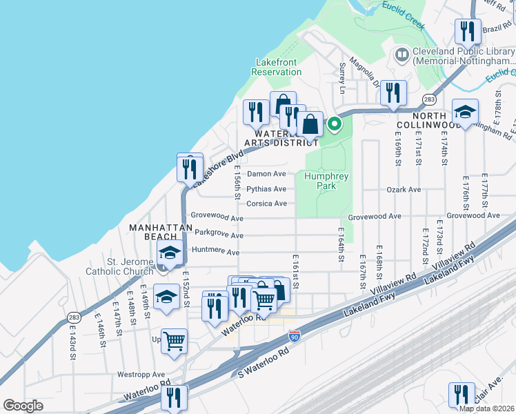 map of restaurants, bars, coffee shops, grocery stores, and more near 277 East 156th Street in Cleveland