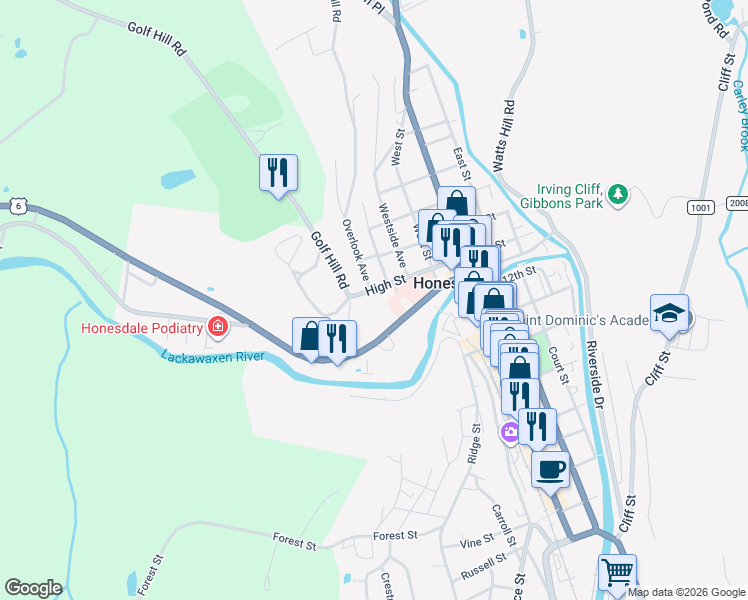 map of restaurants, bars, coffee shops, grocery stores, and more near 649 West Park Street in Honesdale