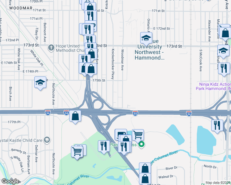 map of restaurants, bars, coffee shops, grocery stores, and more near 7607 Knickerbocker Parkway in Hammond