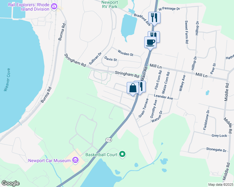map of restaurants, bars, coffee shops, grocery stores, and more near 8 Cathy Circle in Portsmouth