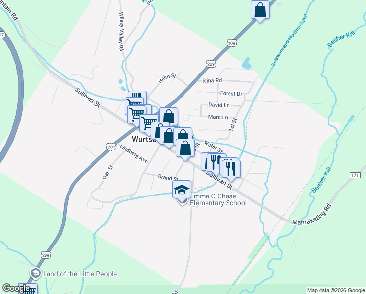 map of restaurants, bars, coffee shops, grocery stores, and more near 80 Water Street in Wurtsboro