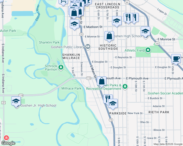 map of restaurants, bars, coffee shops, grocery stores, and more near 713 S Main St in Goshen