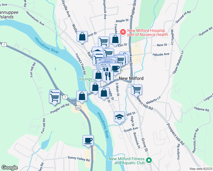 map of restaurants, bars, coffee shops, grocery stores, and more near 34 Bridge Street in New Milford
