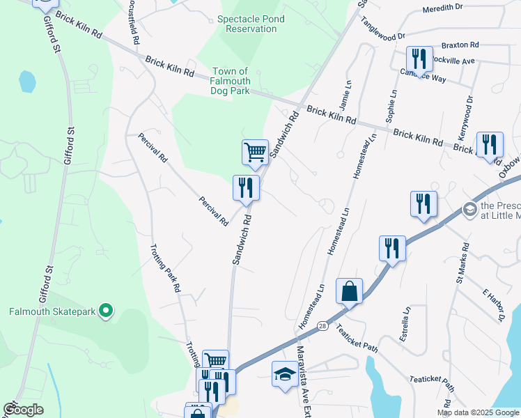 map of restaurants, bars, coffee shops, grocery stores, and more near 149 Sandwich Road in Falmouth